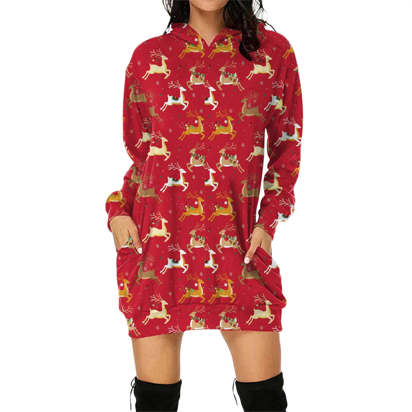 

Женский пуловер с длинным рукавом и капюшоном, с рождественским принтом