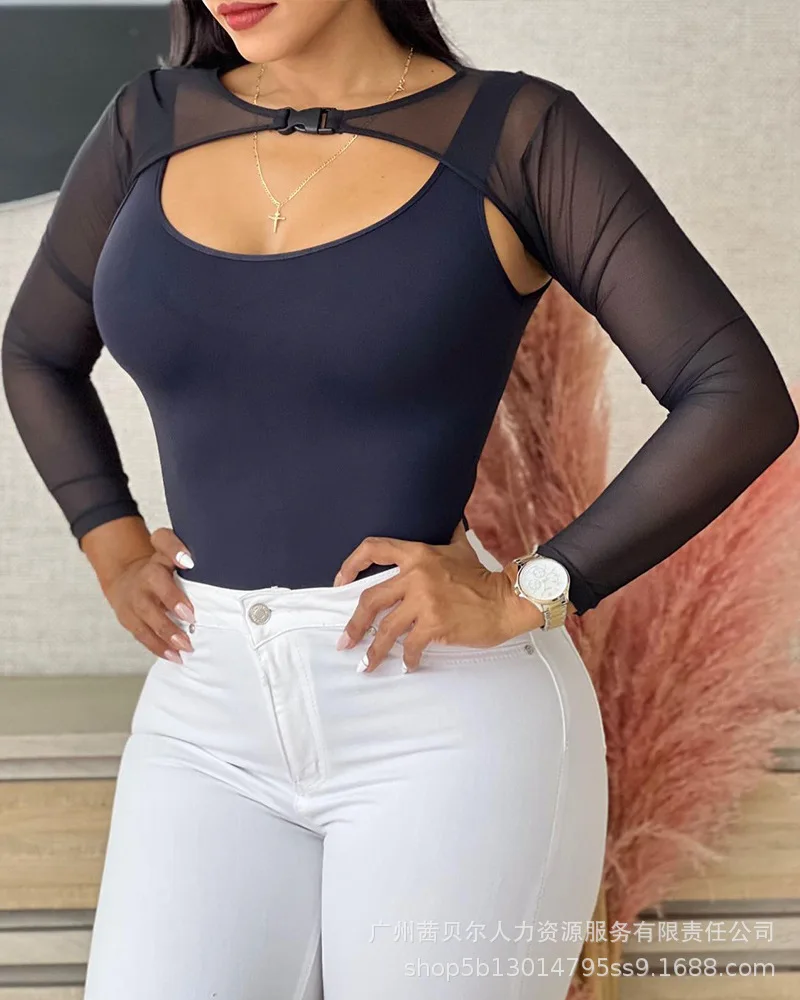 

Basic Tank Top With Buckled Sheer Mesh Crop Top Women 2pcs Clothes Set Long Sleeve Sexy Solid Color