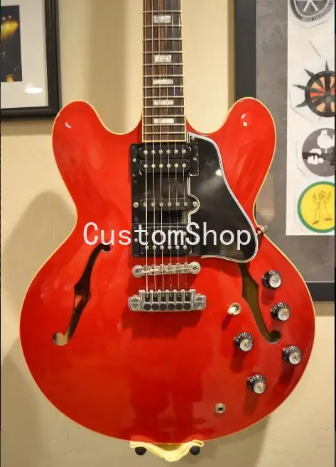 

Подписка Alvin Lee большой красный 335 полый корпус Jazz Электрический гитарный Блок Инкрустация, 60s шея, HSH пикап, хромированная фурнитура