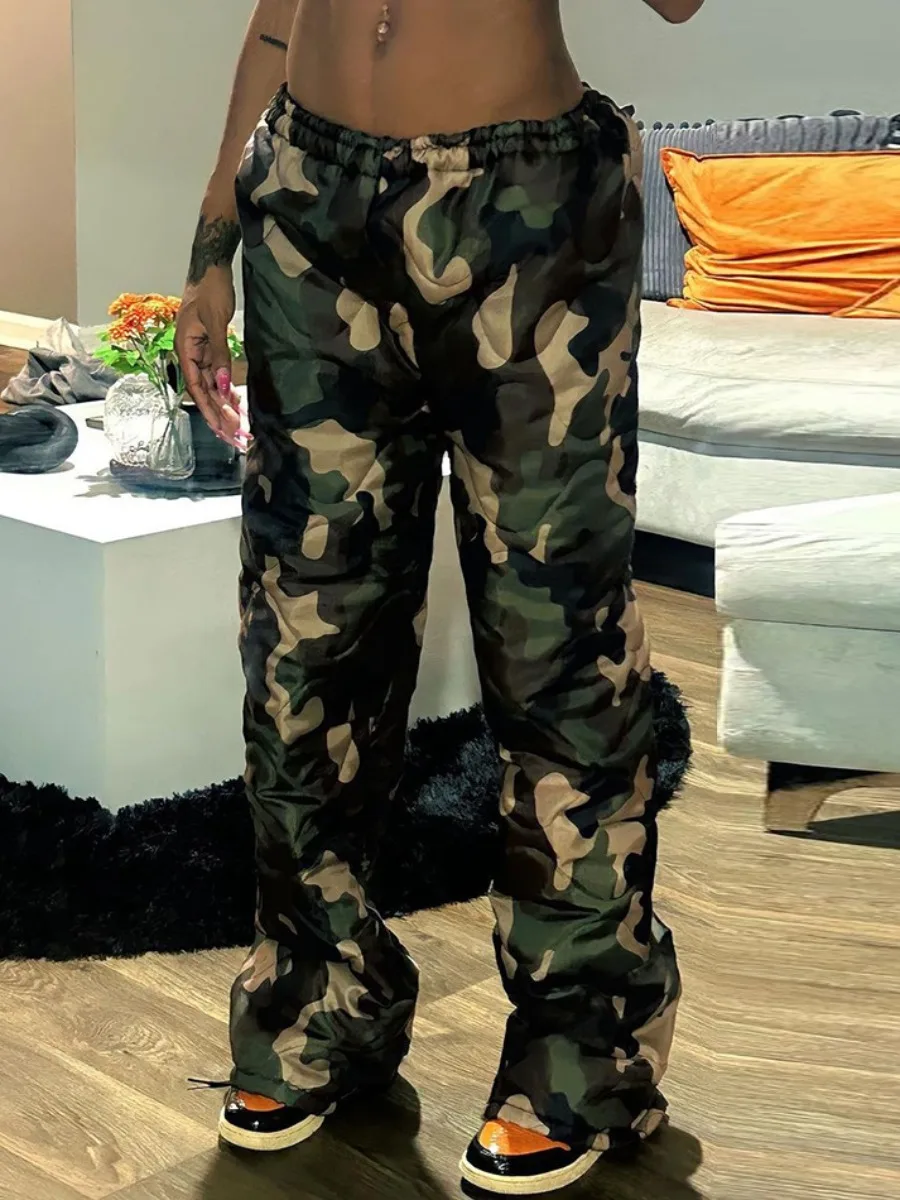 

Женские толстые брюки LW на зиму, уличная одежда, повседневные Прямые камуфляжные брюки Y2K, женские стеганые камуфляжные брюки