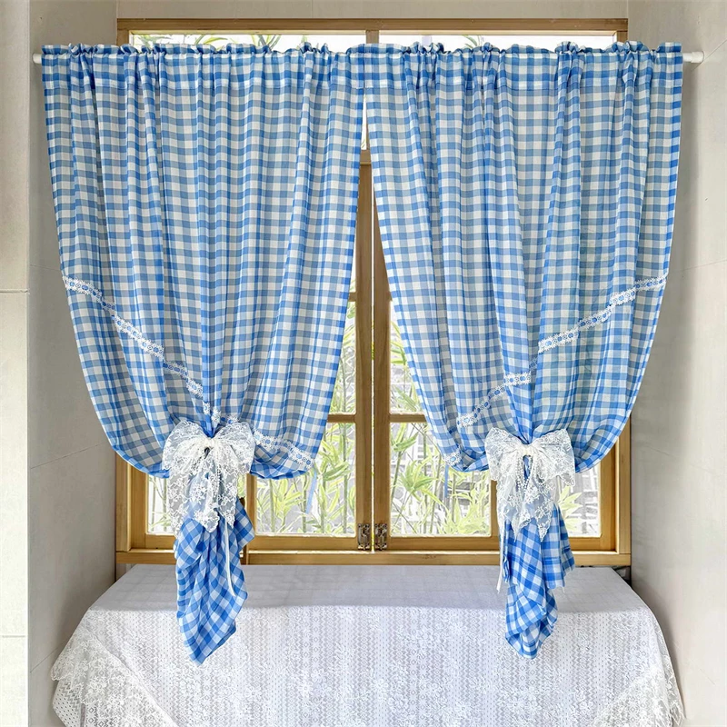 Сетчатая кружевная занавеска в синюю полоску с вышивкой Короткая для балкона