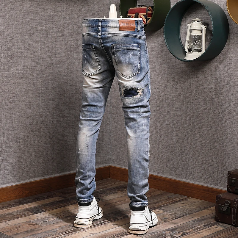 Streetwear Fashion Men Jeans Retro Blue Stretch Slim Fit Ripped Jeans Men Hole Trousers Patched Designer Hip Hop Pants Hombre