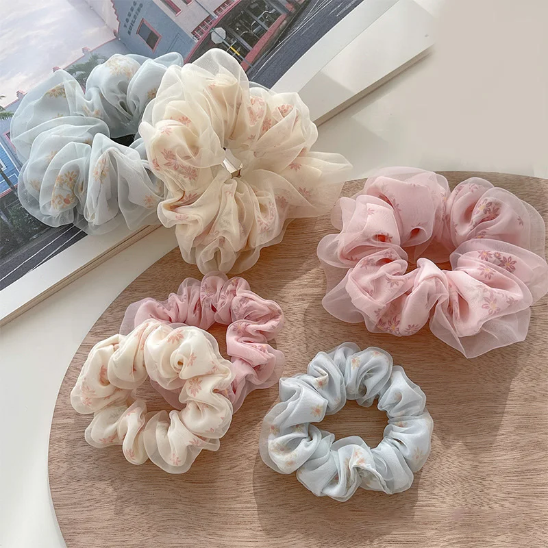 

Hair Scrunchies Fashion Flower Print Double Layer Silk Organza Women Big Hair Rope Retro Ponytail Hair Band Elastic Hair Tie