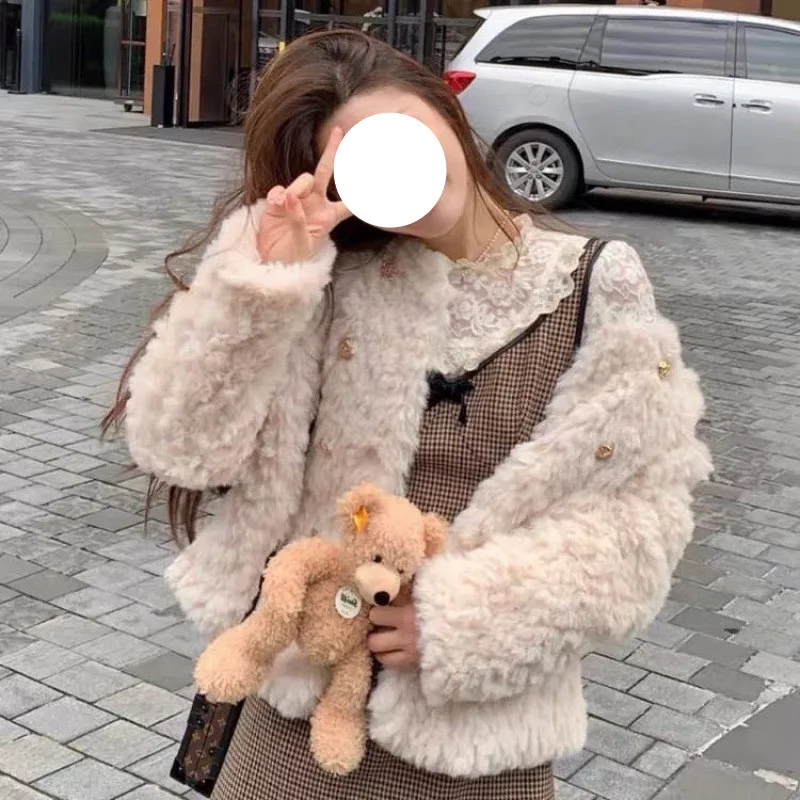 Lamb coat women's winter fragrance loose thickened plush coat cotton-padded jacket