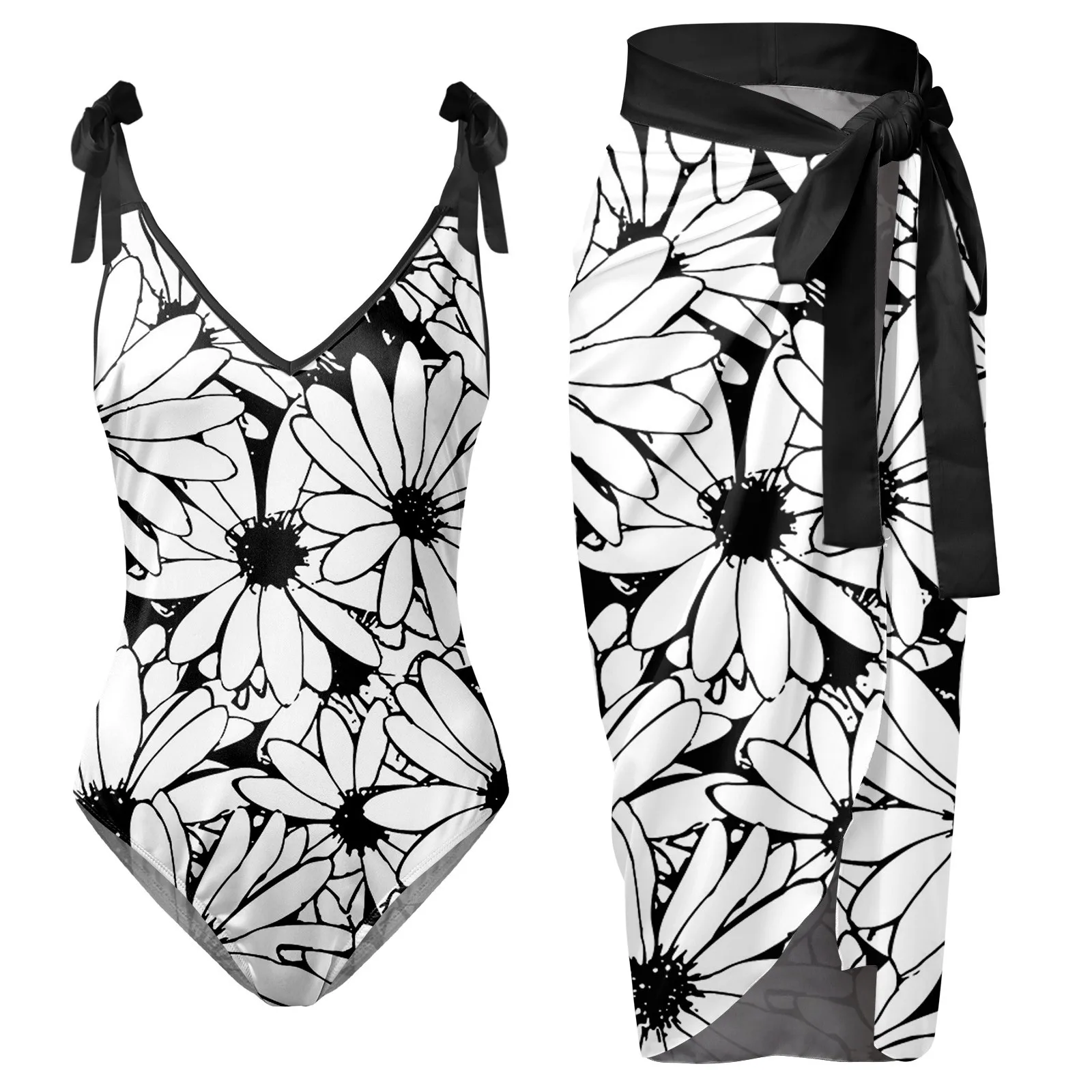 

Womens V Neck Flower Printed Swimsuit Apron Skirt Bikini Sets Sheathing Swimsuit Leopard Bikini
