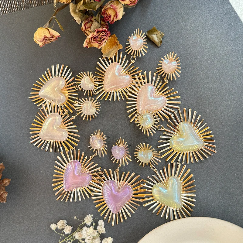 New Cute Heart Drop Earrings for Woman with Pink Opal Golden Teens Unusual Korean Hanging Earrings Trend 2023 Fashion Accessory