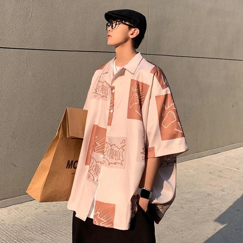 

Casual Shirt Man Short Sleeved Korean Men's Floral Blouse Summer Ice Silk Japanese Style Harajuku Loose Half Sleeved Trend Dress