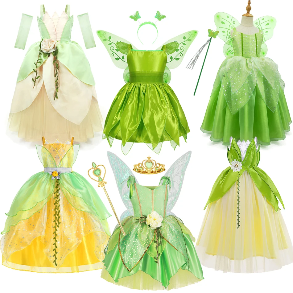 

Disney Girls Tinker Bell Costume Halloween Clothes Kids Green Tiana Tinkerbell Fancy Dress Fairy Princess Cosplay Carnival Party
