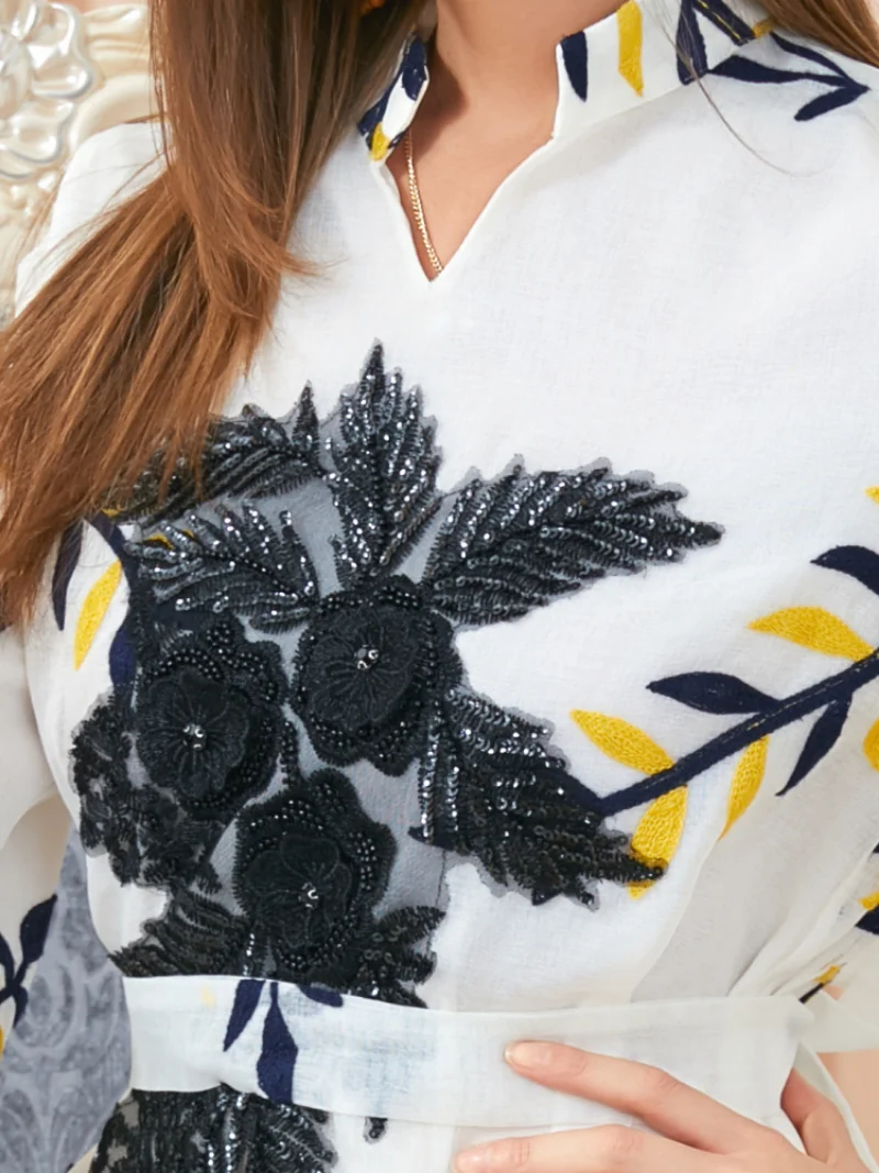 Floral Embroidery Guipure Panel Belted Dress Stand Collar Long Sleeve Urban Casual Muslim Abaya Dress Dubai Party Dresses 2022