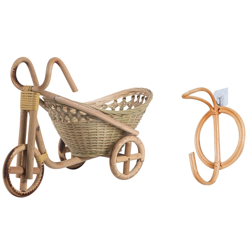 

Bamboo Handmade Woven Straw Fruit Basket With Rattan Clothes Hook Retro Clothes Hook