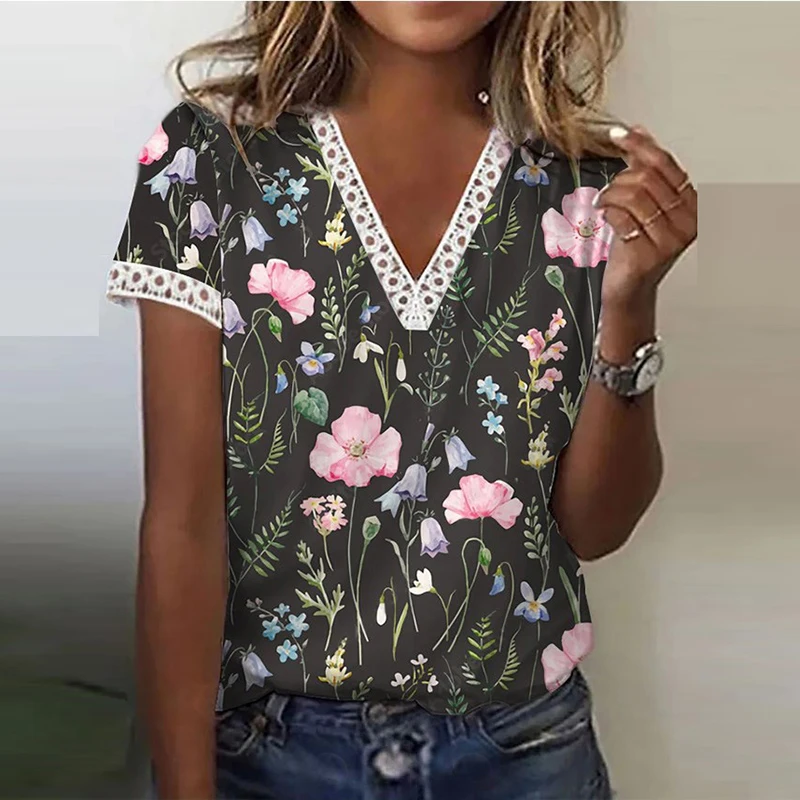 Vintage Women Fashion Floral Print Crochet Lace V-Neck T-Shirt 2022 Summer New Short Sleeve Loose Tops Tee |