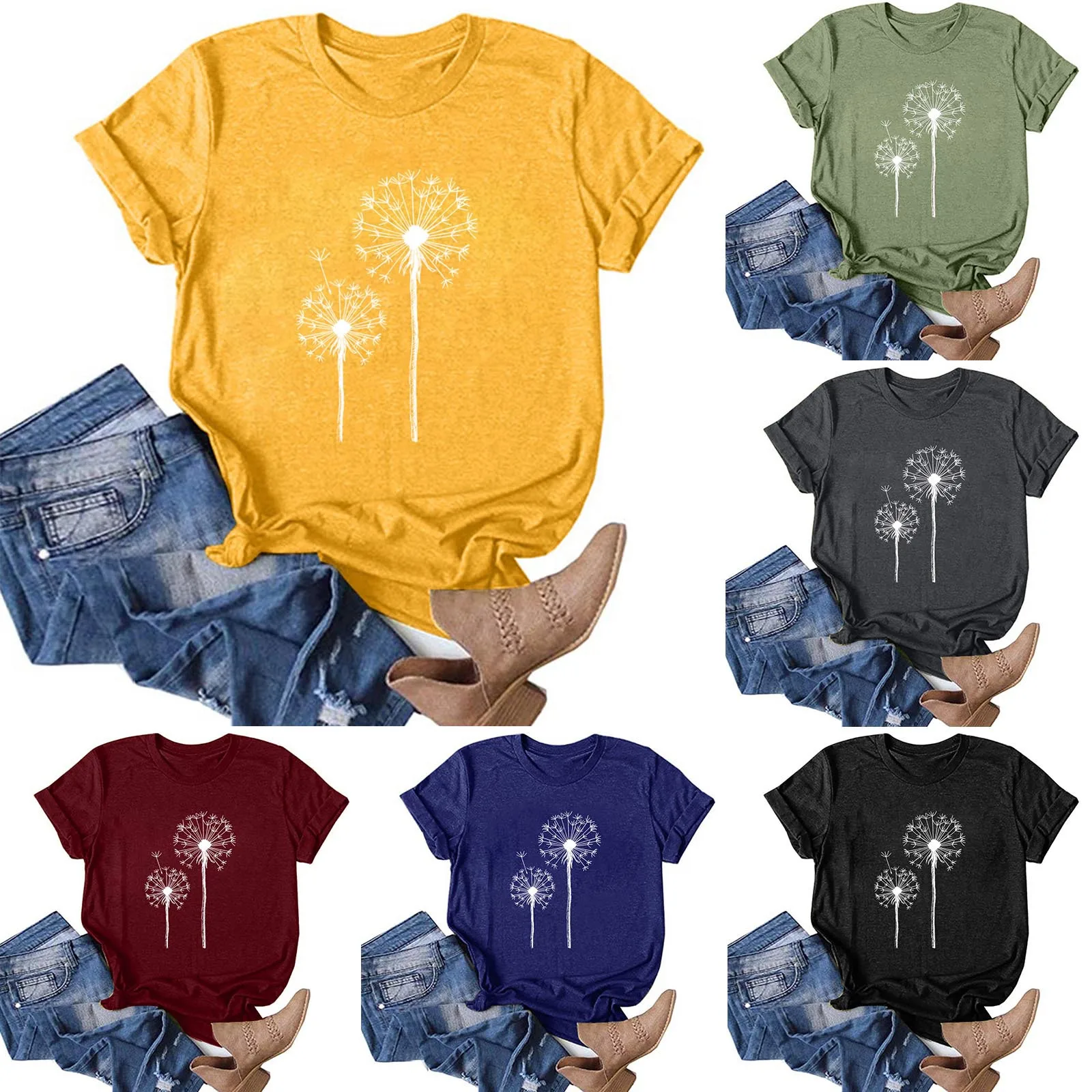 

Женская Повседневная футболка с короткими рукавами и принтом одуванчика, свободная футболка с вырезом лодочкой, женская рубашка с длинным ...