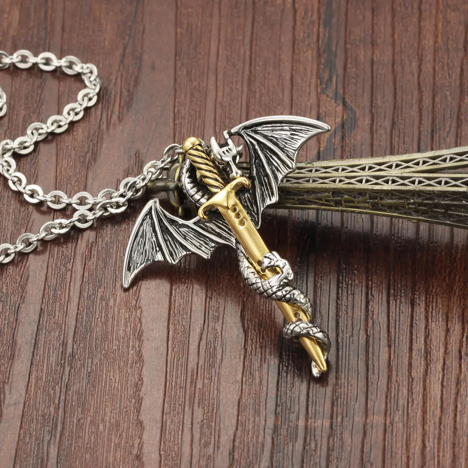 

Hip hop fashion Dragon Sword pendant necklace for men personality retro Pterodactyl stainless steel accessory punk boyfriend bir