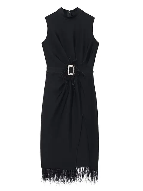 Fashion Black Feather Split Midi Dress 2022 New Summer Women's Sexy Sleeveless Belted Celebrity Club Party Dress Vestidos 6
