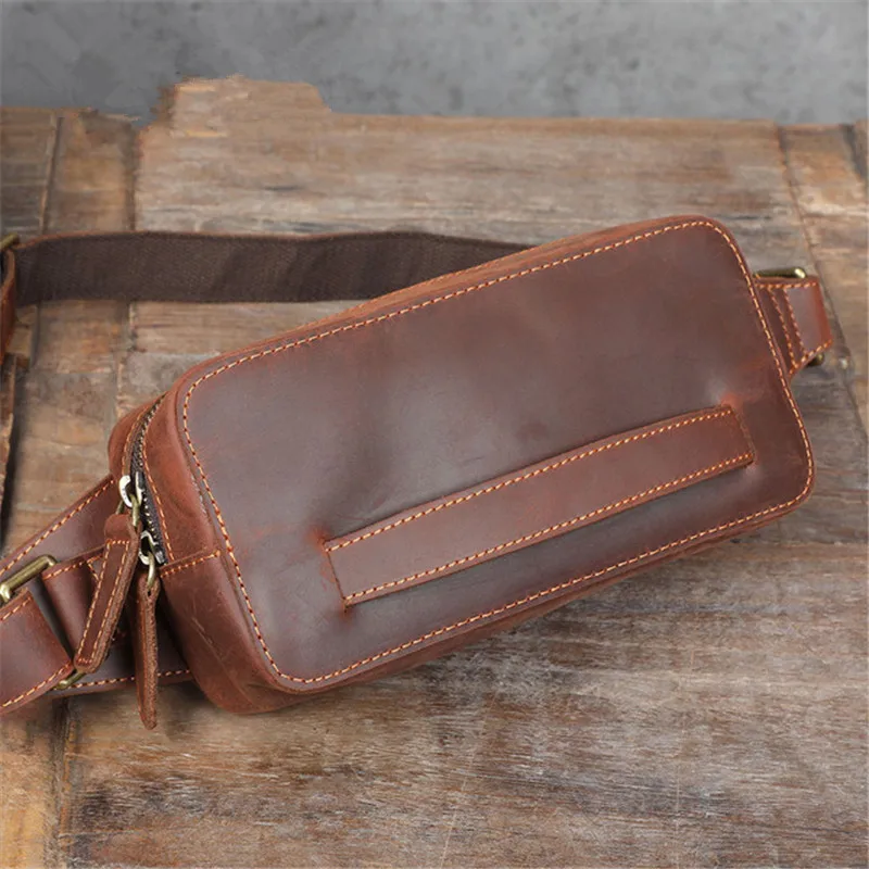 Vintage natural crazy horse cowhide men's chest bag fashion high-quality genuine leather daily sports party small shoulder bag
