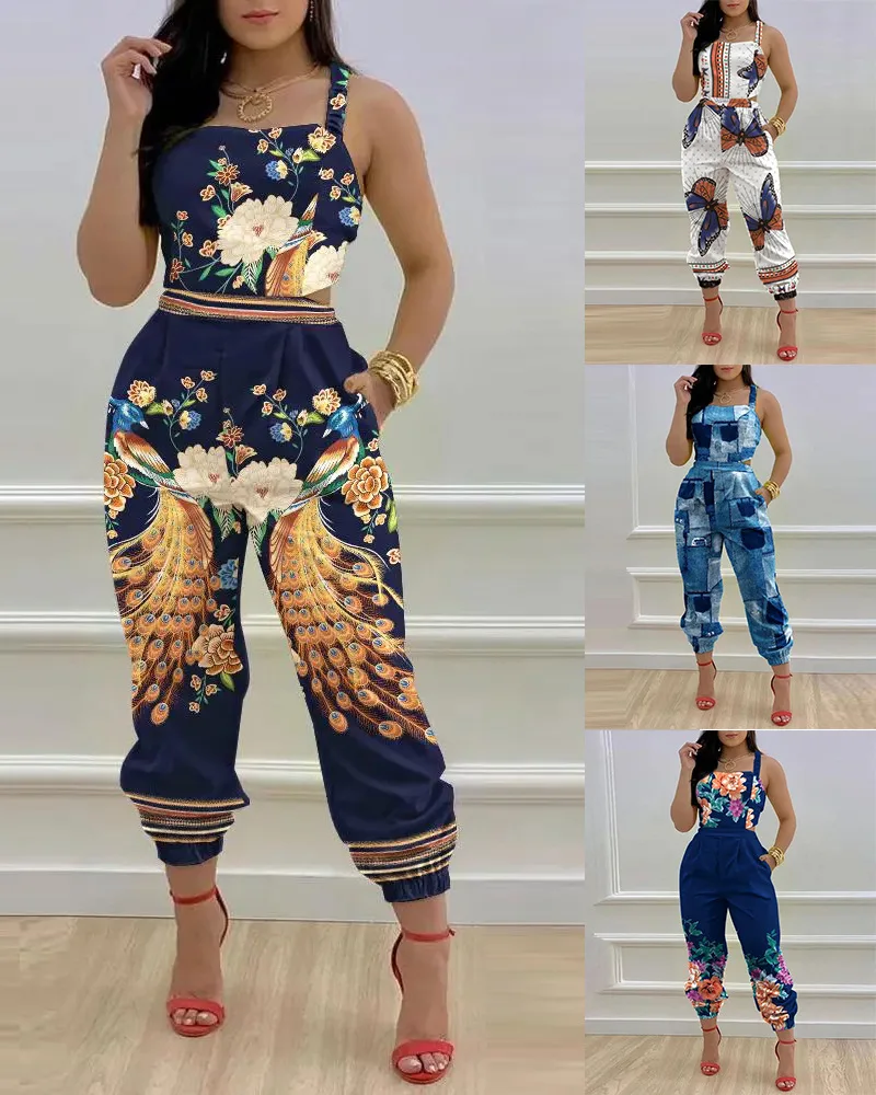 Ladies Off Shoulder Sleeveless Jumpsuit 2023 Summer Women Casual Print Rompers Streetwear Long Playsuits Overalls With Pockets