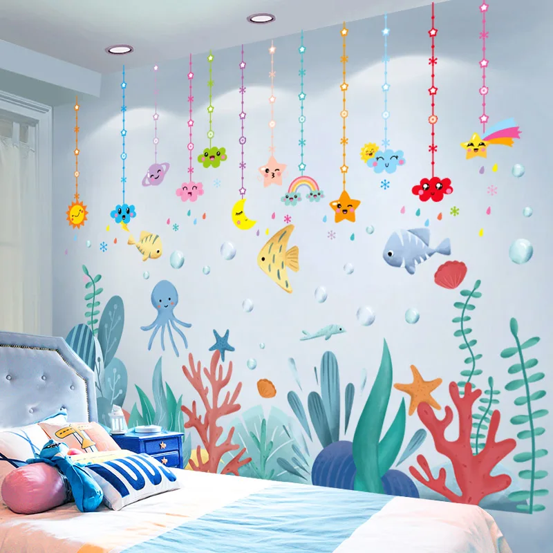 

Clouds Stars Wall Stickers Decor DIY Seagrass Fish Wall Decals for Kids Rooms Baby Bedroom Bathroom Kindergarten Home Decoration