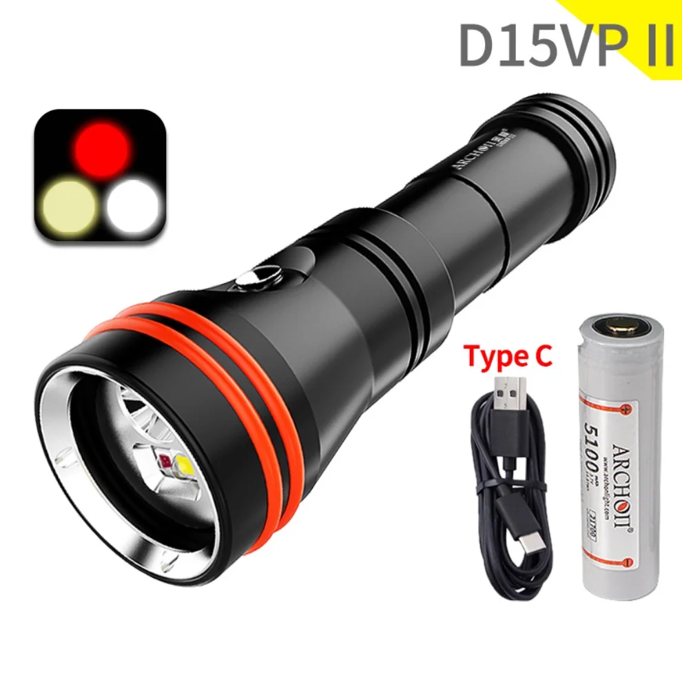 ARCHON D15VP II 3Color Diving Torch Phtotgraphy Light 3000LM Dive Flashlight HD Video Fill Light by Rechargeable 21700 Battery