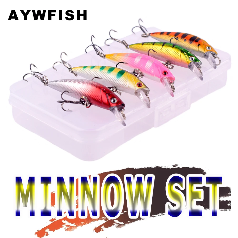 

AYWFISH 5PCS / BOX Shallow Diver Minnow Hard Baits 5.5CM 5.7G Mini Fake Simulation 3D Eyes Fishing Lures Sinking Bass Wobblers