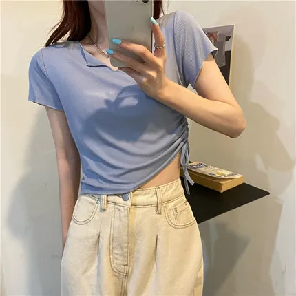 

Women's short-sleeved vest top, short, comfortble nd verstile V-neck solid color csul outer wer