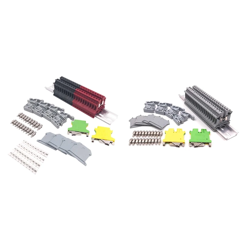 

JFBL Hot 2 Set DIN Rail Terminal Blocks Kit Terminal+Ground Blocks+Aluminum Rail+End Brackets+End Covers+Jumpers Kits