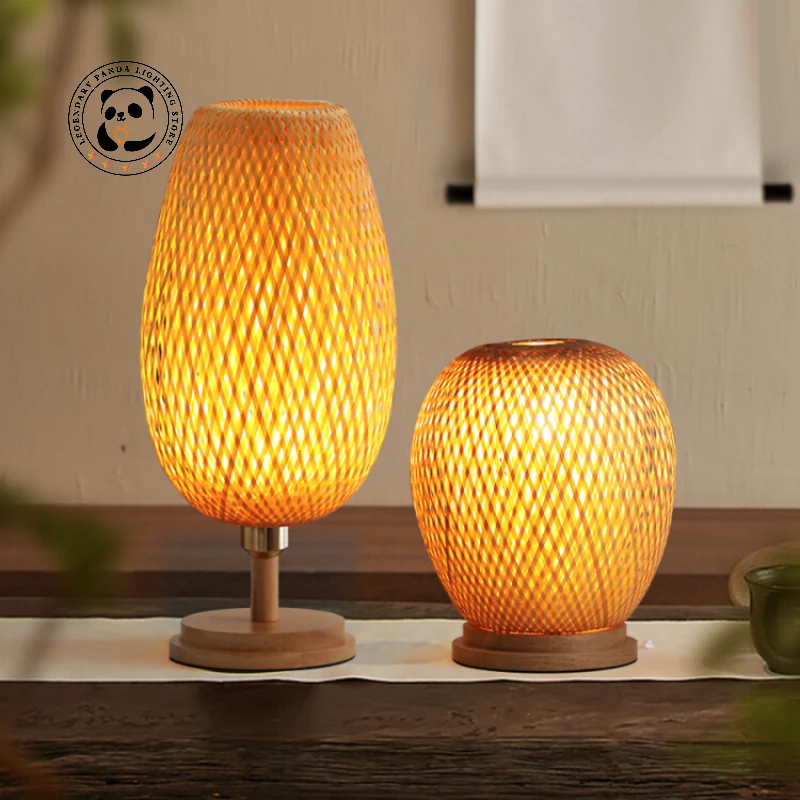 

Retro Handmade Bamboo Woven Table Lamps LED E27 Rattan Art Lampshade Zen Room Study Bedroom Bedside Desk Lights Home Decoration