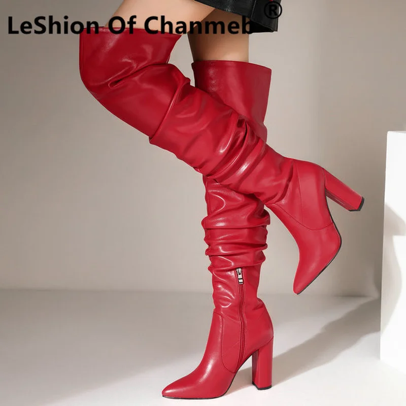 

LeShion Of Chanmeb Women Pleated Boots Black Red High Heel Zipper Overtheknee Thigh Boot Ladies Fashion Winter Shoes Brown 34-43