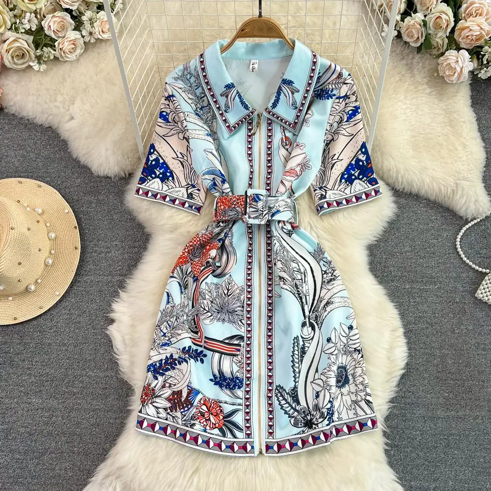 

High Quality Flower Vintage Print Runway Summer Dress Women Short Sleeve Front Zipper Up Floral Belt A-Line Mini Vestidos N8403