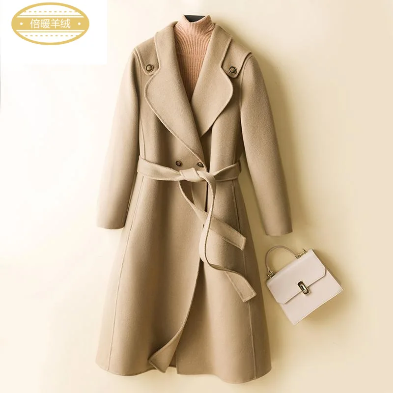

Женское двухстороннее кашемировое пальто средней длины, облегающее пальто из 2023-ной шерсти со шнуровкой, Осень-Зима 100%