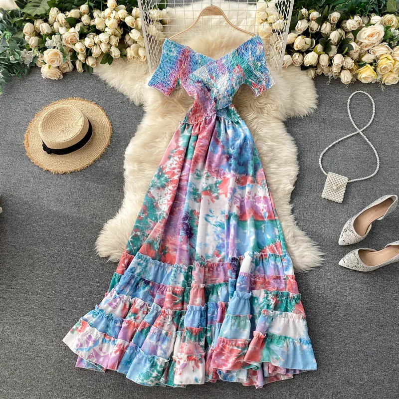 

Bohemian Women Tie Dye Printed Long Dress Sexy Autumn 2022 Female V-Neck Short Sleeve High Waist Vacation Beach Ruffle Vestidos