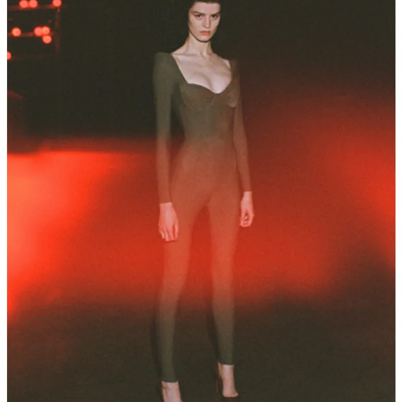 New design Women Sexysquare neck slim rayon elegant Fashion Bodycon long Sleevess slim bodycon straight leg jumpsuit