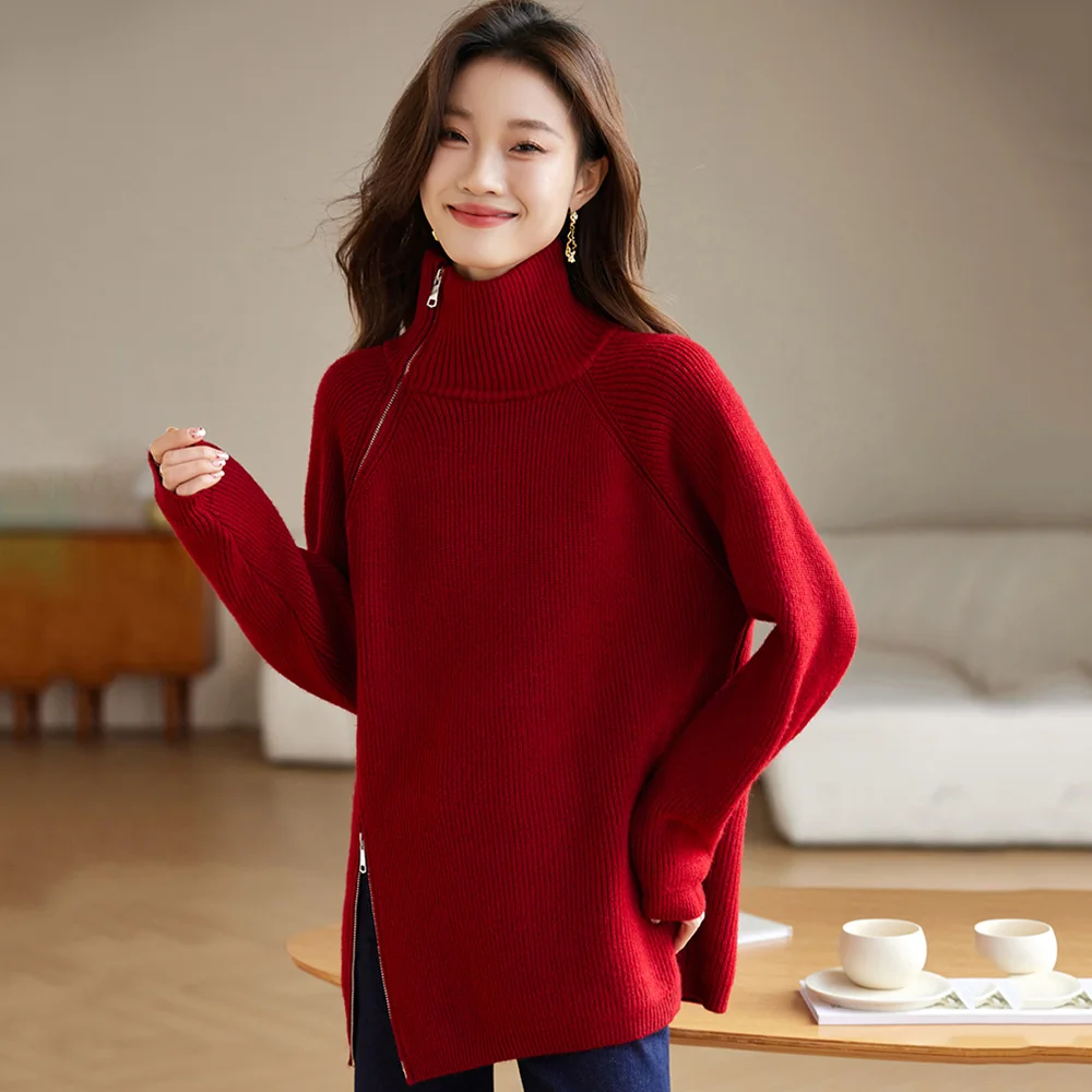 Новые женщины осень зима красный свитер Мода молния водолазка реглан рукав