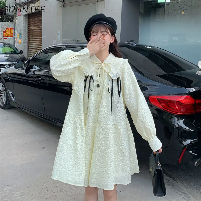 

Платье с длинным рукавом, милый трапециевидный силуэт в стиле преппи, с круглым воротником, свободная талия, модный бандаж в стиле ретро для ...