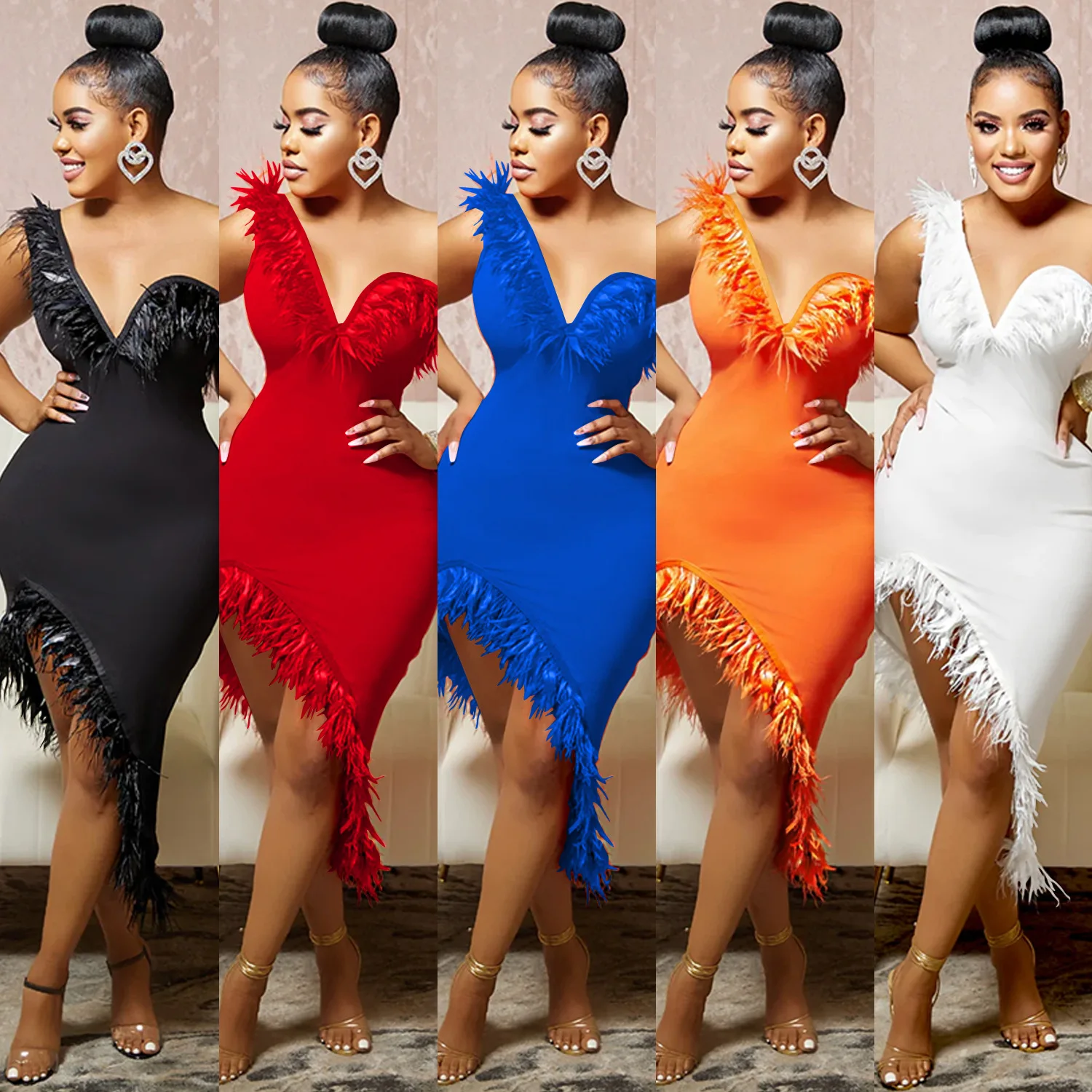

Feather Splicing Dress One shoulder Vestidos De Fiesta Pedreria Asymmetrical Hems