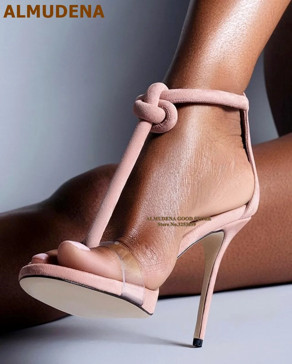 ALMUDENA Blue Fasten Knot T-strap Clip Toe Sandals Clear PVC Single Strap High Heel Shoes Bling Bling Crystal Band Bride Heels