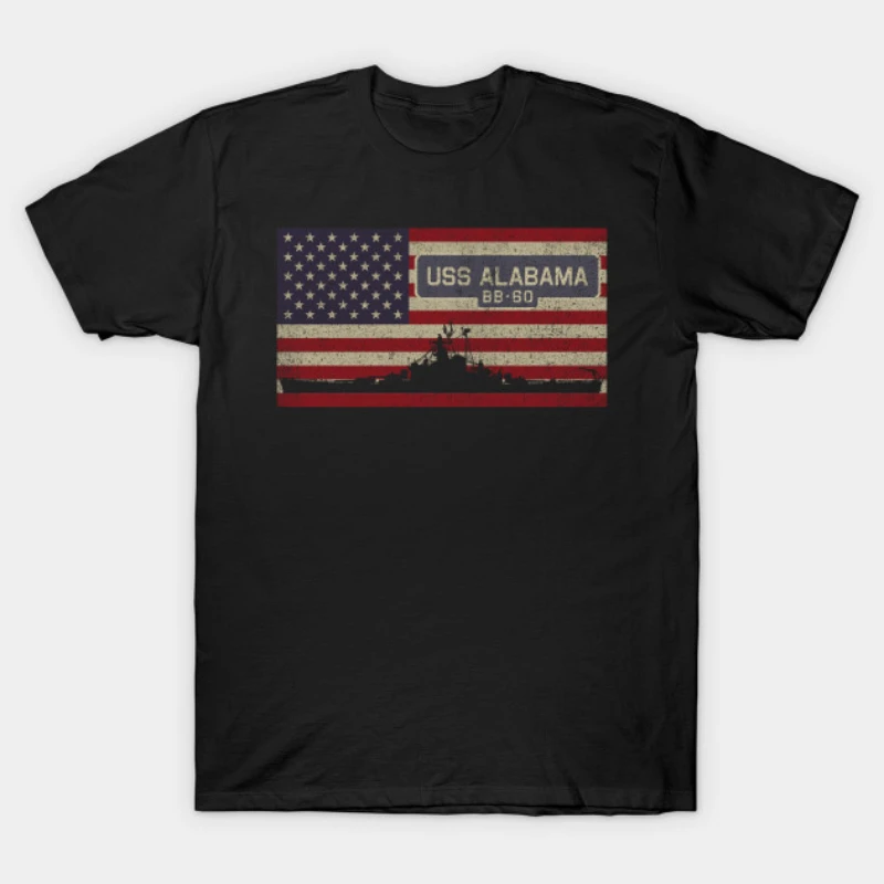 

Navy USS Alabama BB-60 Battleship Vintage America Flag T Shirt New 100% Cotton Short Sleeve O-Neck T-shirt Casual Mens Top