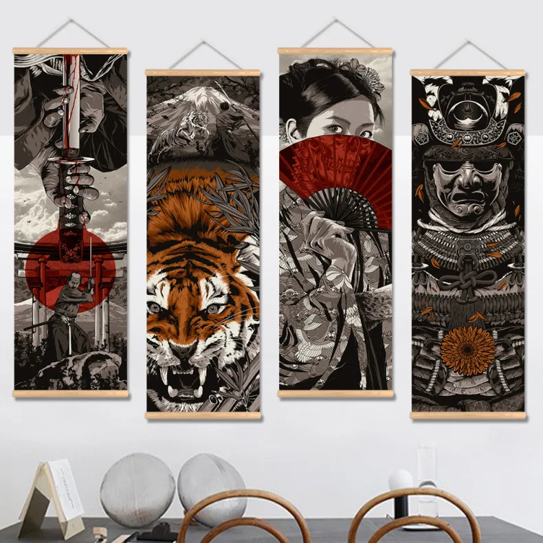 

Japanese Samurai Ukiyoe Tiger Canvas Scroll Wall Paintings Art Hanging Posters Living Room Tattoo Parlor Sushi Place Decoration