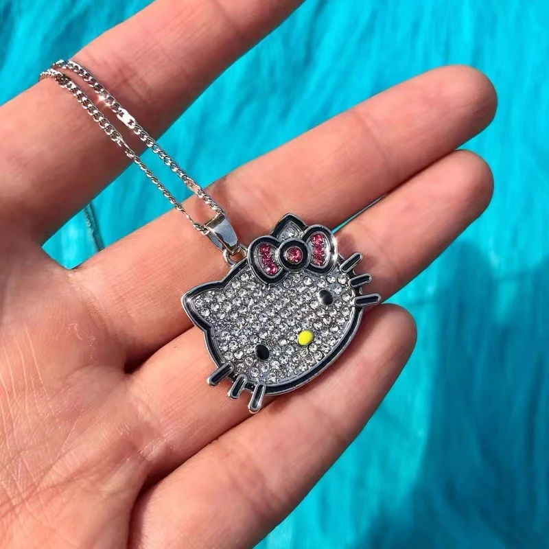 Cute Y2K Hello Kitty Necklace with Chain Alloy Silver Crystals Female Charms Rhinestone Goth Pendant Jewelry Valentine Day Gift
