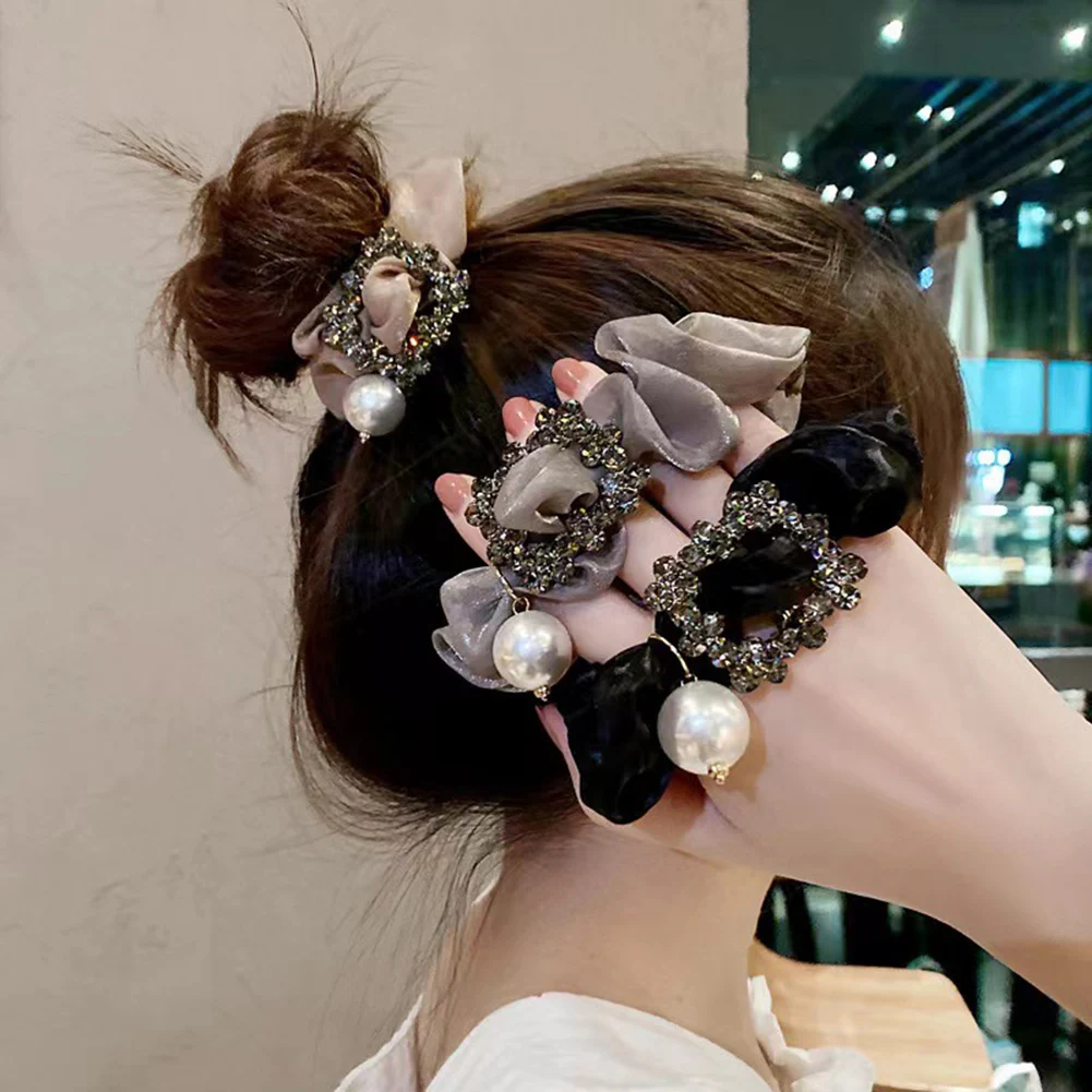 

New Fashion Korean Style Rhinestone Organza Hair Rope Elastic Rubber Band Shining Scrunchies Ponytail Headbands For Girl Women