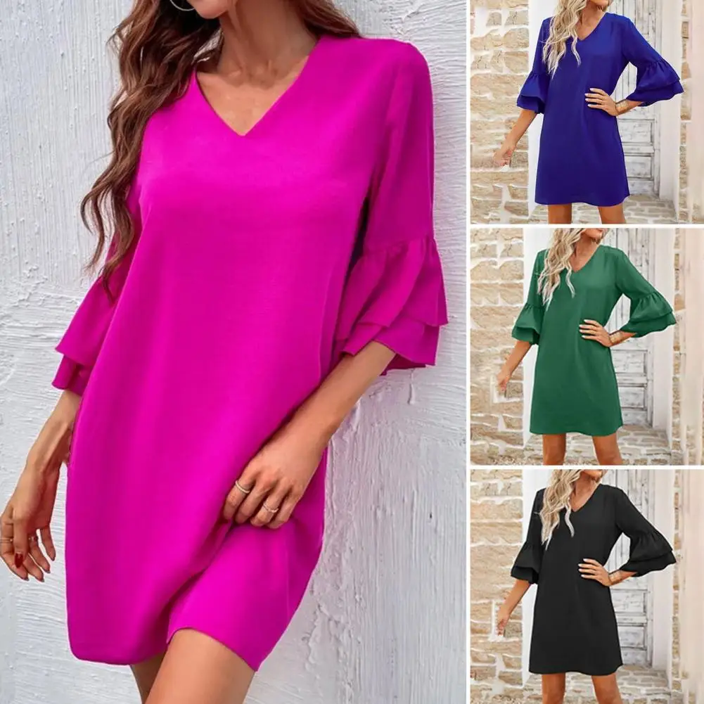 

Casual Solid Color V-neck Half Sleeve Loose Fit Mini Dresses for Women 2022 Summer Beach Sundress Robe Femme Vestidos