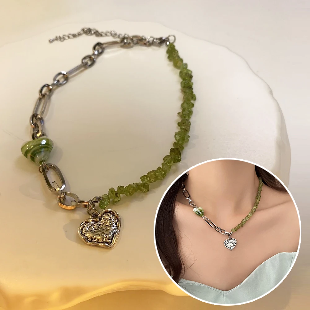 

Kpop Vintage Goth Punk Heart Pendant Chain Green Bead Metal Necklace For Women Collares Aesthetic Jewelry Y2K Accessories