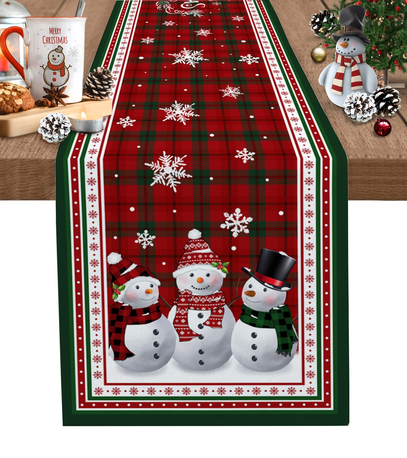 

Snowman Christmas Snowflake Red Green Plaid Table Runner Wedding Party Dining Table Cover Placemat Napkin Home Kitchen Decor