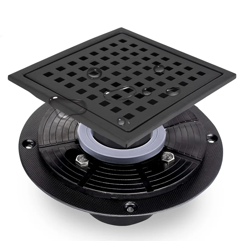 

6 Inch Square Shower Floor Drain in Grid Patten Grate Removable Cover with Stainless Steel Base Flange Matte Black