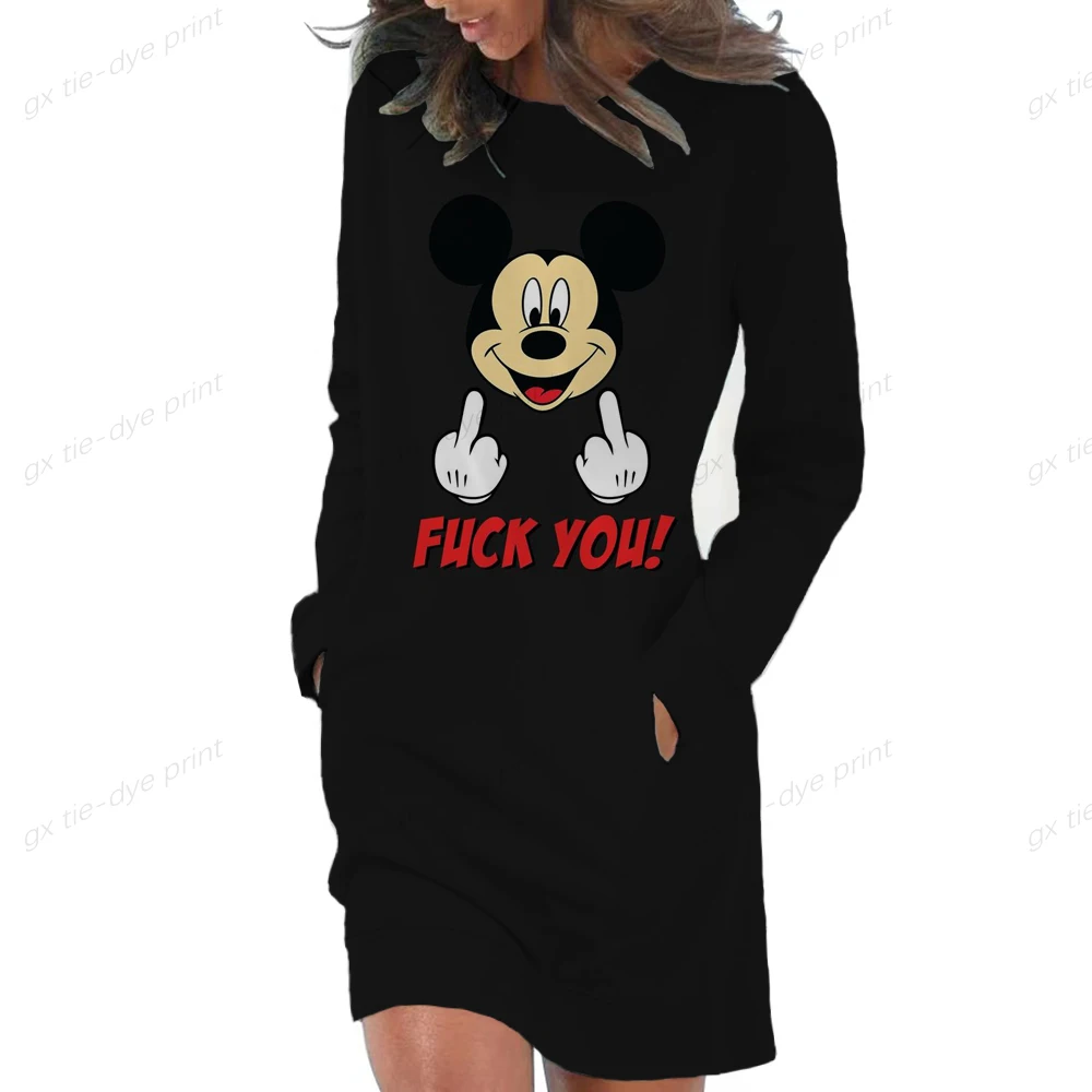 

Disney Minnie Mickey Print Women's Sweatshirt Dress Hoodie Casual Long Sleeve Loose Hooded With Pockets Pullover Sweater Tops