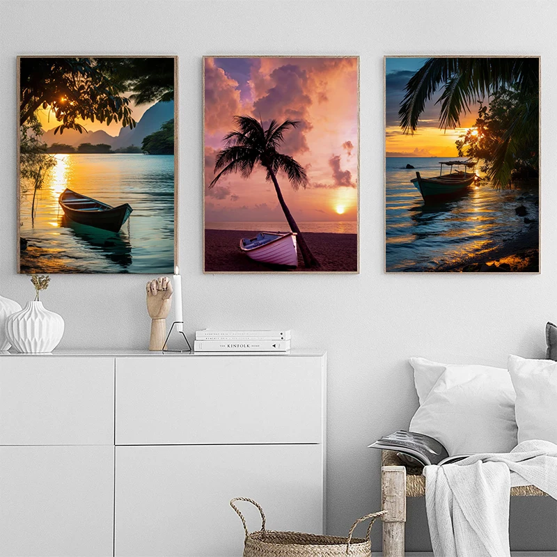 Тайская лодка плакаты Пальма морской закат природный пейзаж холст живопись