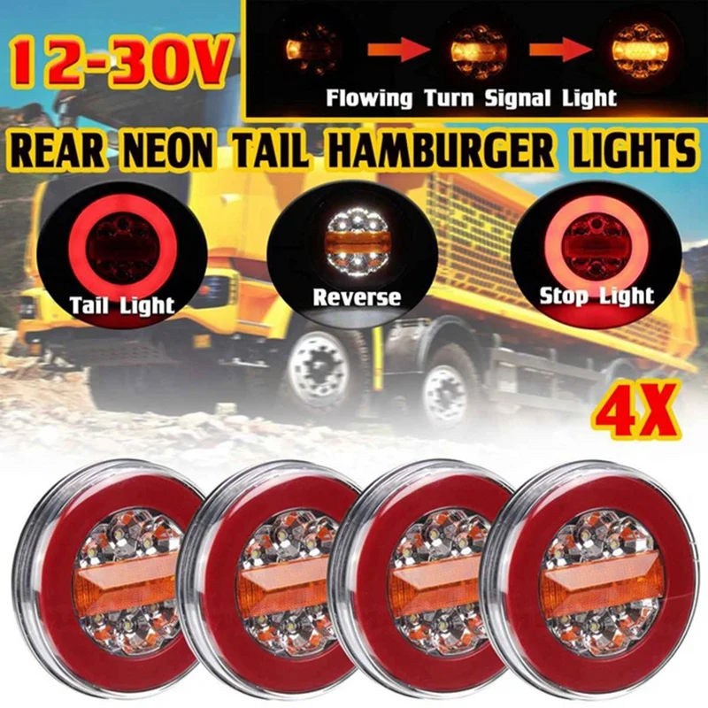 

4X 43LED Round Hamburger Flowing Turn Stop Tail Light Truck Trailer 12-30V IP67