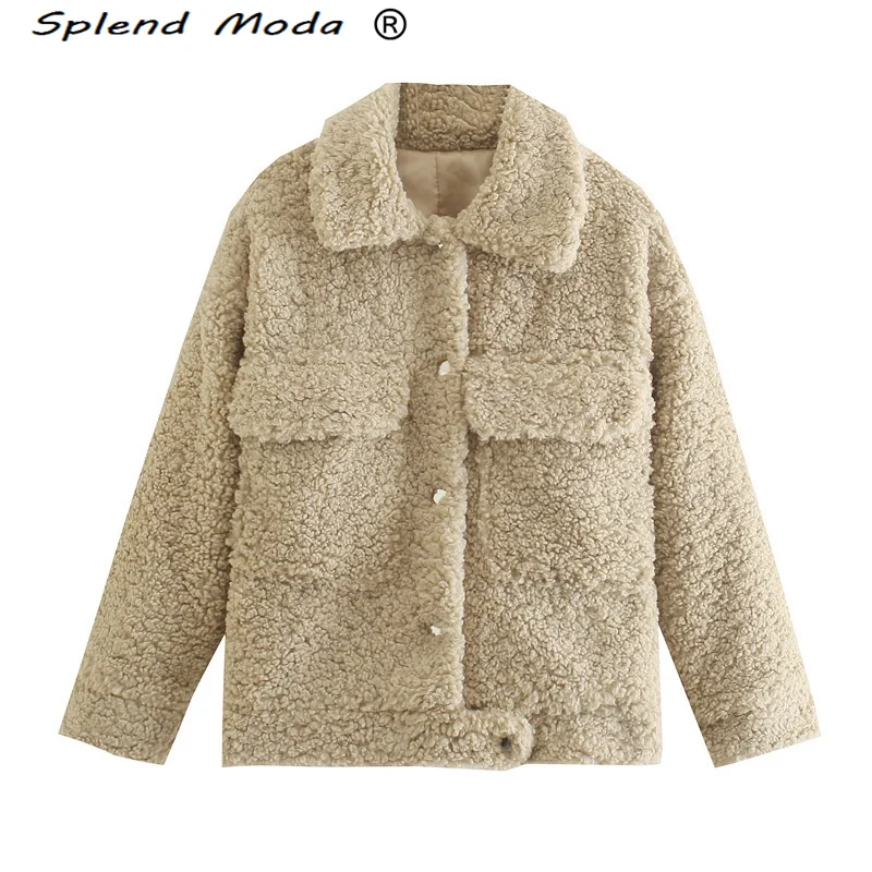 

Splend Moda New Streetwear Solid Imitation Lamb Wool Loose Jackets Women Casual Winter Warm Single-breasted Outwear Coat Female