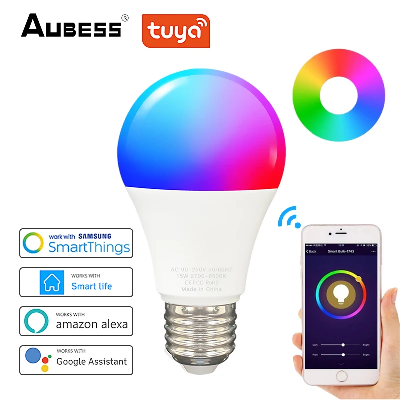 

Tuya WiFi E27 B22 Smart Dimmable Bulb RGBCW 100-240V 15E/9W LED Light Smart Life App Control Support Alexa Google Home Alice