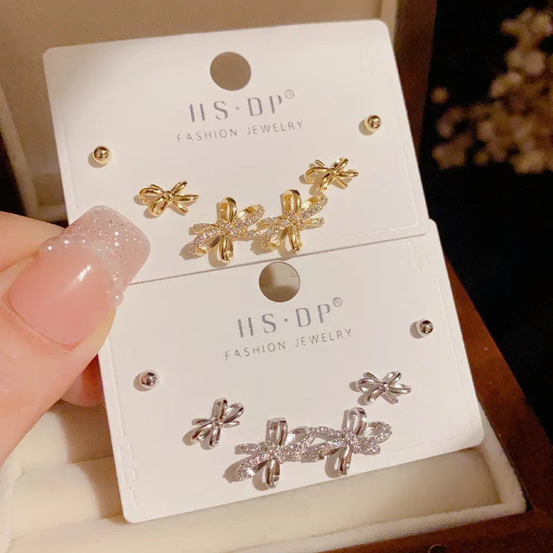 

3 Sets Bowknot Stud Earrings For Women High Quality Zircon Copper Thickened 14K Gold Plated Earring Original Jewelry 2023 Trendy
