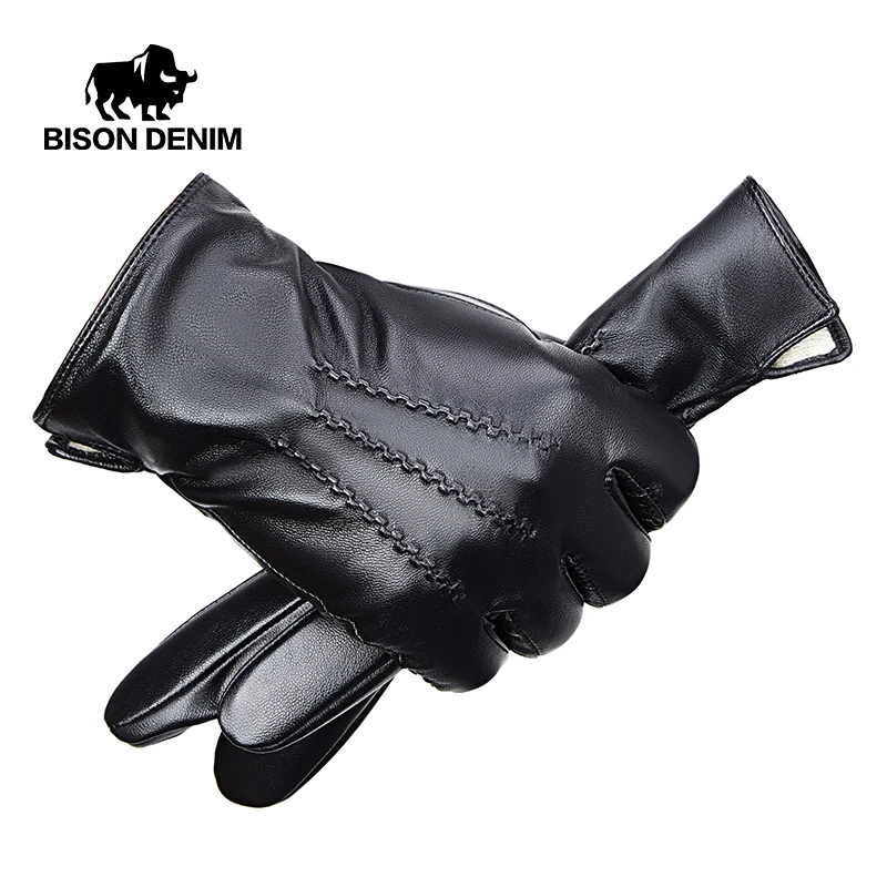 Бисон Деним Мужские настоящие овечьи кожаные перчатки осень зима теплые с сенсорным экраном полный палец черные высокого качества S168 на.